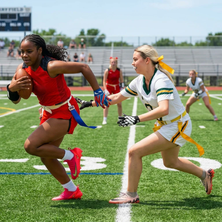 Two women play flag football; one in red runs with the ball, another in white/green reaches for a flag.