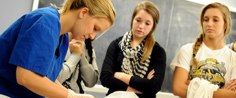 Biology students observe a practical lesson in the Westminster College Cadaver Lab